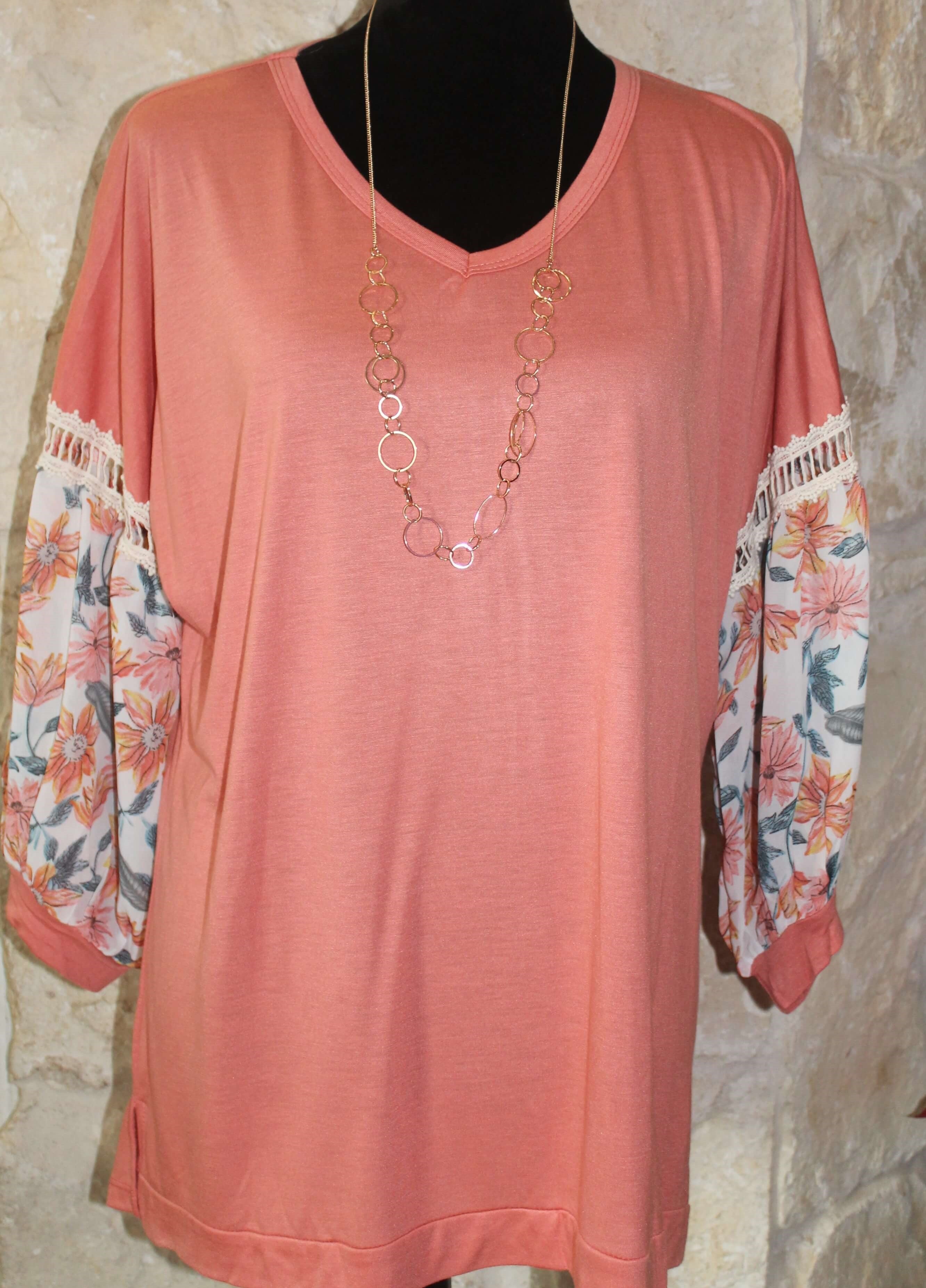 #4715B - V-Neck Top with Flowered Sleeves