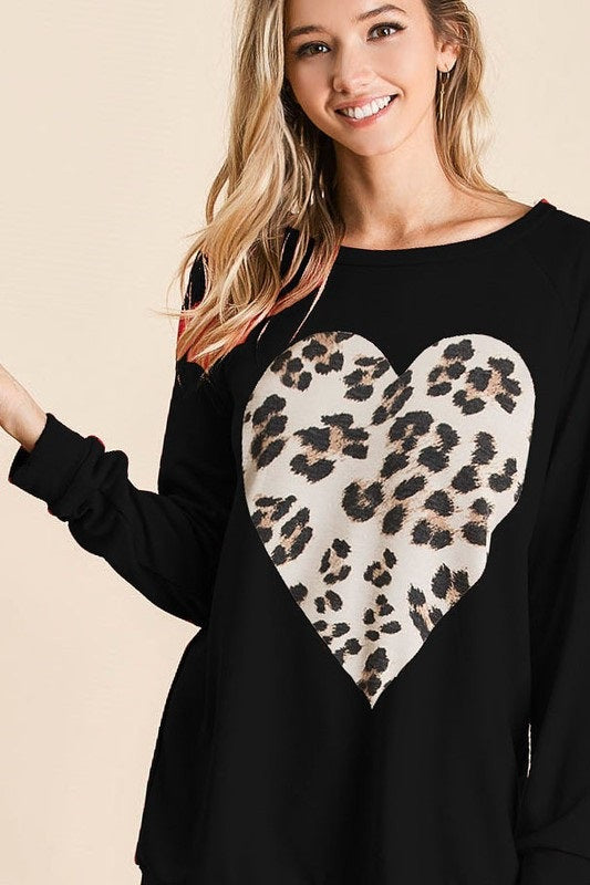 BT1232-72 French Terry Top Leopard Heart