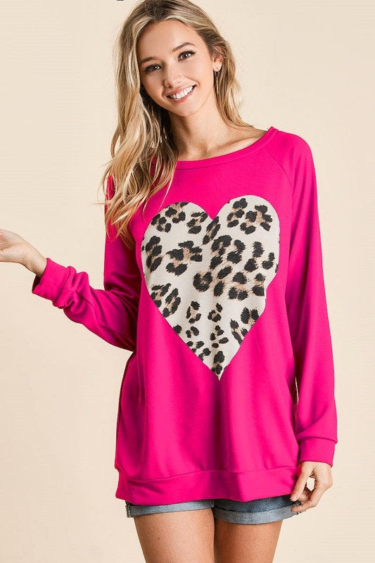 BT1232-72 French Terry Top Leopard Heart