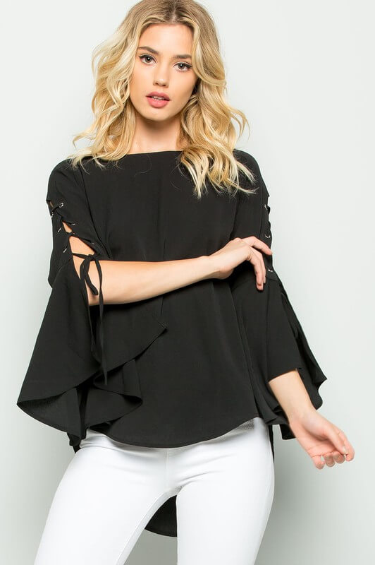 Black Lace Up Bell Sleeve Top