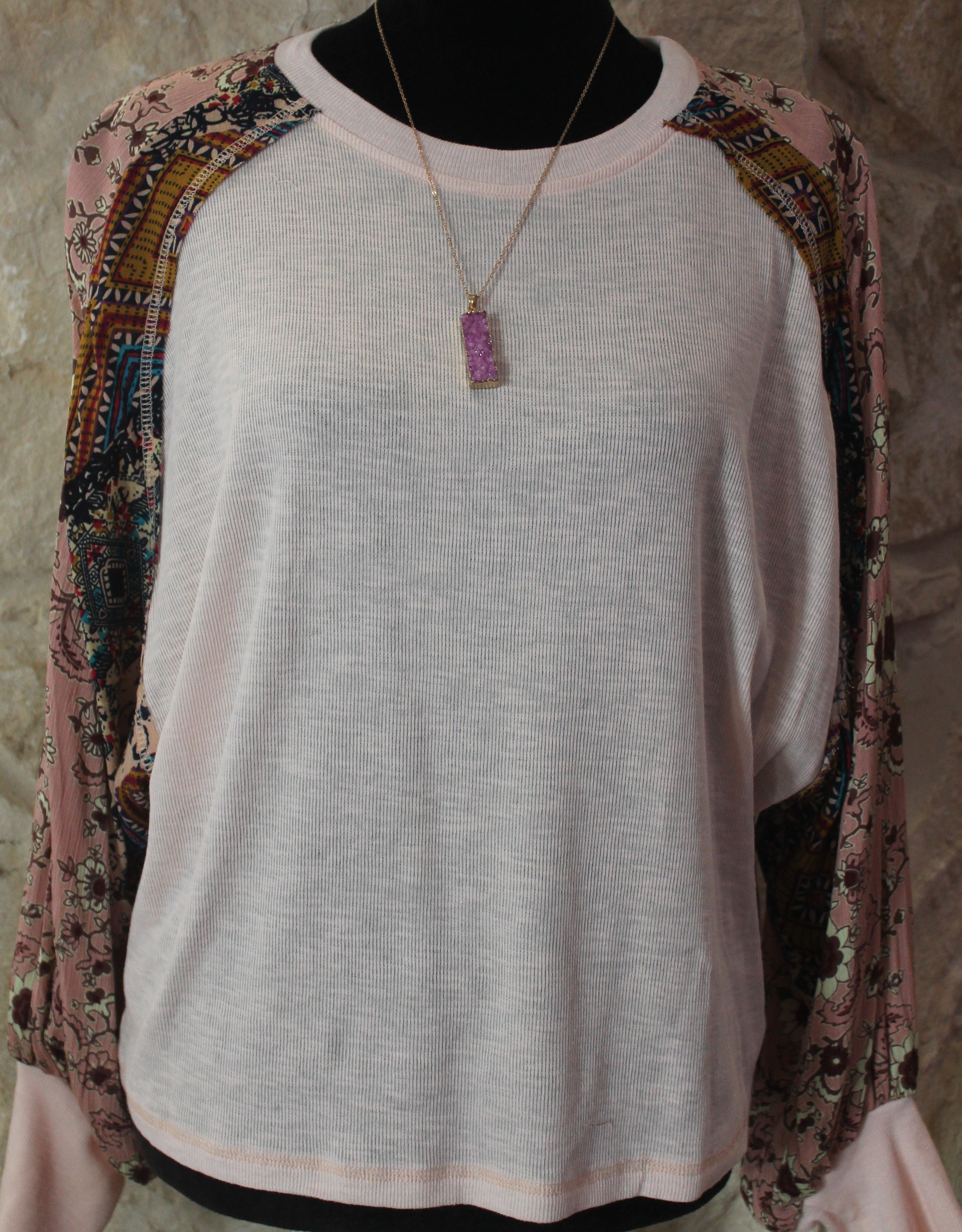 C1647 - Heathered Top with Floral Sleeves